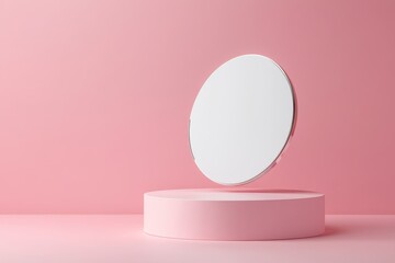 Wall Mural - A minimalist pink podium with a floating circle, perfect for showcasing products or branding.  The clean lines and soft pink color create a modern and elegant aesthetic. This image is ideal for produc