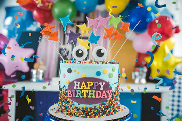 A colorful birthday cake with a happy birthday message on it. The cake is decorated with colorful sprinkles and has two eyes on top