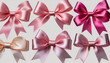© netsay - Colorful satin bows in various shades of pink arranged on a neutral background, showcasing different sizes and styles for decorative use