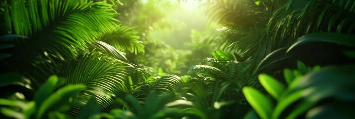 Poster - A path through a dense jungle with sunlight rays breaking through the canopy.  The image conveys the feeling of exploration, peace, and the beauty of nature.