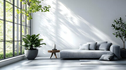 Sticker - Modern living room with large windows and indoor plants.