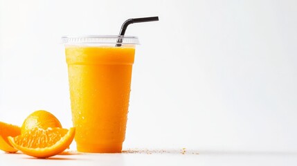 Canvas Print - A refreshing orange juice drink in a plastic cup with a straw and orange slices, perfect for a healthy and delicious treat.