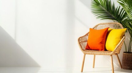 Poster - A rattan chair with vibrant orange and yellow cushions sits against a white wall, bathed in natural sunlight, creating a serene and inviting atmosphere.