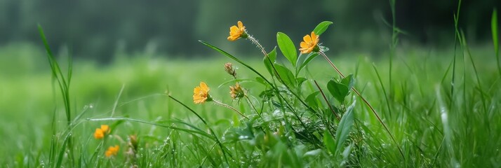 Canvas Print - A serene meadow with vibrant green grass and delicate yellow wildflowers, symbolizing nature's beauty, tranquility, new beginnings, growth, and harmony.