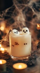 Poster - Halloween themed drink with cute ghost marshmallow decoration and a white candle with skull in a blurry background with spider web elements