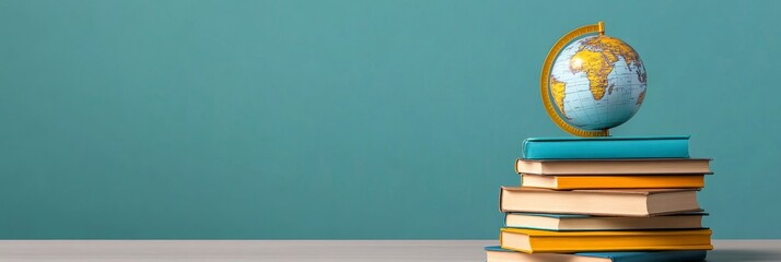 Poster - A stack of colorful books with a globe on top, symbolizing global education, knowledge, travel, and exploration.