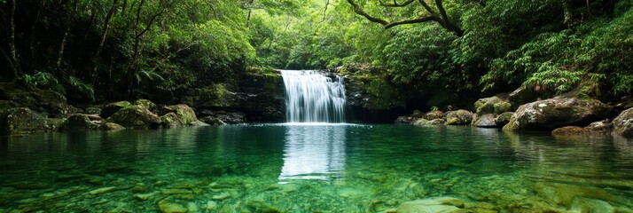 Sticker - A tranquil waterfall cascades into a crystal clear pool, surrounded by lush greenery and moss-covered rocks, a breathtaking scene of natural beauty and tranquility.