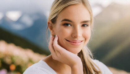 Young woman smiling outdoors in a scenic landscape with mountains and colorful flowers during golden hour