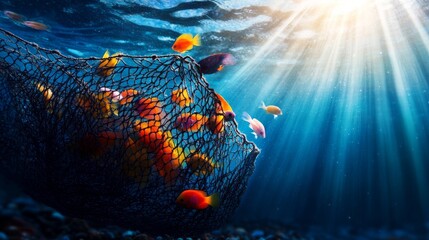 Canvas Print - A vibrant underwater scene featuring a variety of colorful fish caught in a net. Sunlight streams through the water, illuminating the scene.