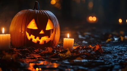 Canvas Print - Halloween pumpkin with lit candles on a black background