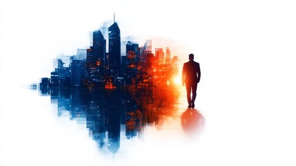 Wall Mural - A watercolor illustration of a futuristic cityscape with a man walking towards the horizon, symbolizing ambition, progress, innovation, and the future.