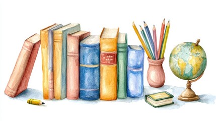 Poster - A watercolor illustration depicting a row of books, a set of colorful pencils in a vase, and a globe, symbolizing education, knowledge, exploration, and the world of learning.