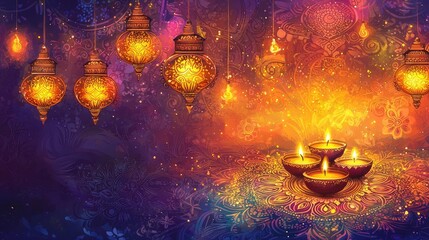 Poster - A vibrant celebration scene with glowing lamps and festive lights, creating an enchanting atmosphere of warmth and joy.