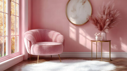 Canvas Print - Cozy pink interior with a plush chair and decorative elements.