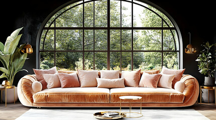 Wall Mural - Cozy living room with a plush sofa and large windows.