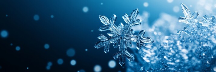 Poster - Close-up of a delicate ice crystal and snowflakes on a blue background, showcasing the intricate beauty and fragility of winter's frozen wonders.