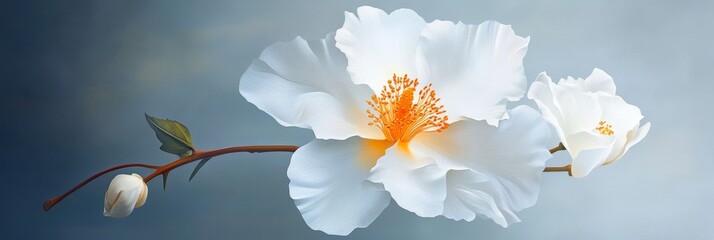 Sticker - Delicate White Flower Branch with a Soft Blue Background, showcasing the beauty of nature, purity, simplicity, elegance, and tranquility.