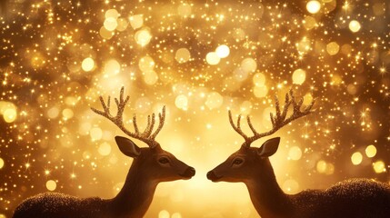 Canvas Print - Enchanting Golden Backdrop with Two Reindeer, perfect for Christmas, winter, and love themes.  A magical, warm, and romantic background with bokeh lights.