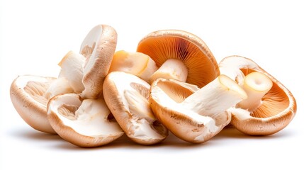 Poster - Freshly Sliced Champignon Mushrooms Isolated on White Background. Perfect for gourmet cooking, salads, and recipes.