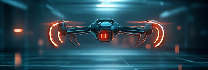 Wall Mural - Futuristic drone with glowing red lights navigating through a neon-lit city, representing technology, innovation, future, and urban exploration.