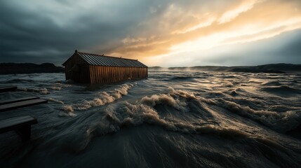 Canvas Print - Wooden cabin partially submerged in turbulent sea waves with dramatic sunset sky