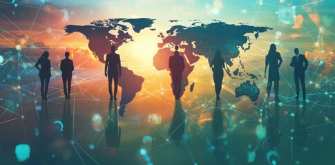Poster - Silhouettes of people standing in front of a world map with a network of lines connecting them, with an abstract background.