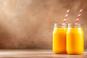 Poster - Two mason jars filled with refreshing mango smoothie, perfect for a summer day.  The vibrant yellow color and the red and white straws make this a visually appealing and delicious treat.