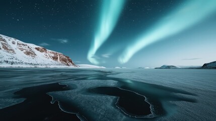 Wall Mural - Aurora borealis lights over a snowy landscape with a frozen lake and distant snow-covered mountains under a starry night sky.