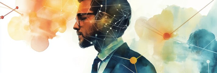 Poster - Watercolor illustration of a man with a network of connections within his mind, symbolizing the interconnectedness of technology, innovation, and the human experience.