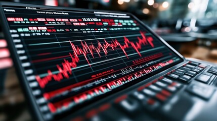 Close-up view of a digital screen displaying financial stock market data charts with red and green graphs in a trading environment.