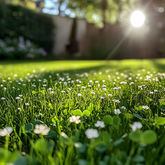 Close-up green grass lawn with clouds on blue sky