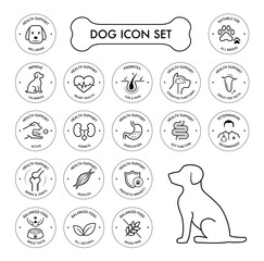 A set of icons for dog. The components of a dog's health. The outline icons are well scalable and editable. Contrasting elements are good for different backgrounds. EPS10.