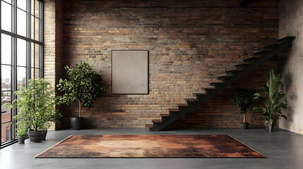 Canvas Print - Modern interior with brick wall, staircase, and decorative plants.