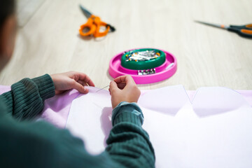 Sewing workshop for kids. Close up. 