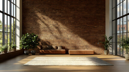 Wall Mural - Modern interior with brick wall, plants, and cozy seating area.