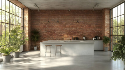 Wall Mural - Modern kitchen with brick walls and natural light.