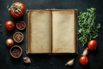 Recipe template with recipe book, spice, onion, garlic, tomatoes and greens on black background. Mock up, copy space, top view - generative ai