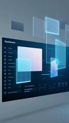 Futuristic tech dashboard with transparent floating screens background for invitation or card screensaver