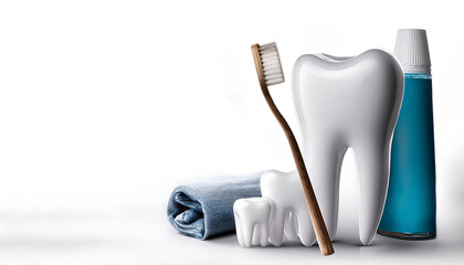 Toothbrush and toothpaste and teeth dental care concept on white background