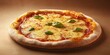 © Kamonwan - Delicious cheese pizza topped with fresh basil on a wooden table, showcasing its golden crust and rich tomato sauce.