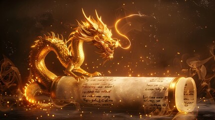 Golden Dragon Coiled Around Glowing Ancient Scroll Symbolizing Wisdom and Knowledge