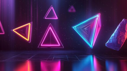 Poster - Vibrant neon geometric shapes in a futuristic space create a bold visual impact. Perfect for tech or digital art themes.