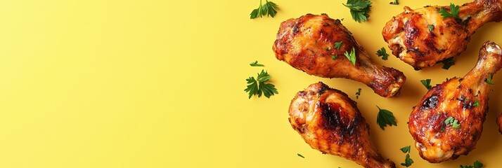 Deliciously grilled chicken drumsticks garnished with fresh herbs on a vibrant yellow background.