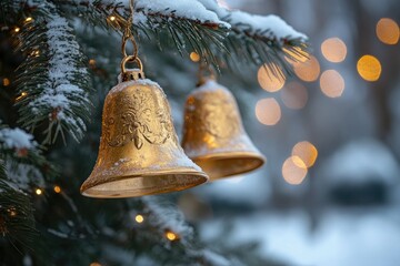 Wall Mural - golden christmas bells hanging on snowy christmas tree with lights on background