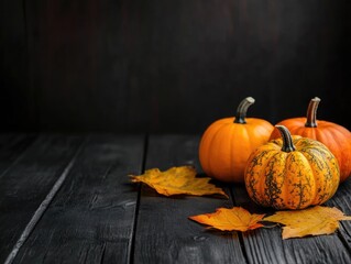 Poster - Autumn pumpkins on dark wooden table with leaves