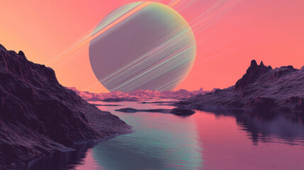 A large planet is in the sky above a body of water