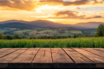 Sticker - Wooden table with a blurred background countryside landscape wood.