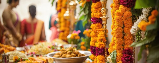 Poster - A vibrant celebration featuring traditional decorations, marigold flowers, and delicious dishes for festive gatherings.