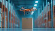 © patpongstock - Drone delivering package in a modern warehouse environment.