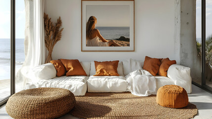 Wall Mural - Cozy living room with a beach view and warm decor.